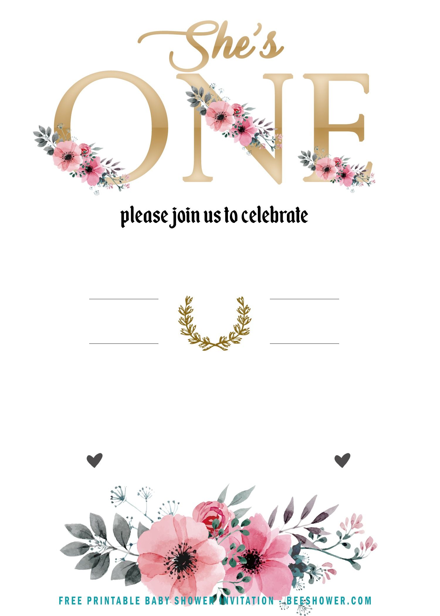 free-girl-floral-shes-one-invitation-templates-worksheets-library for 1st Birthday Invitation Template Free Printable FREE Girl Floral – Shes One – Invitation Templates - Worksheets Library for 1st Birthday Invitation Template Free Printable