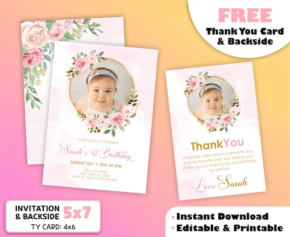 Babys First Birthday Party Invitation With Free Thank You Card ...