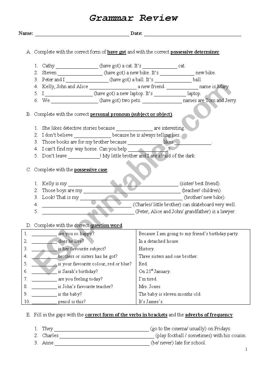 Grammar review 7th grade - ESL worksheet by ffpg