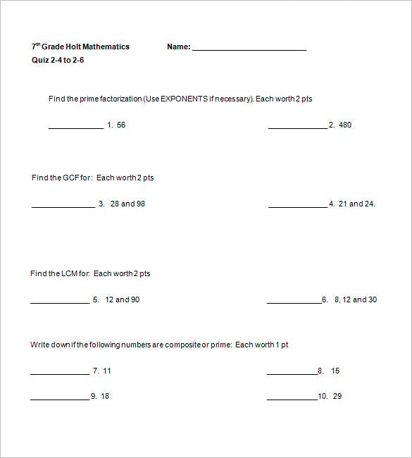free printable 7th grade worksheet