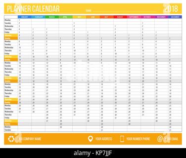 English calendar planner for year 2018. 12 months, corporate ...