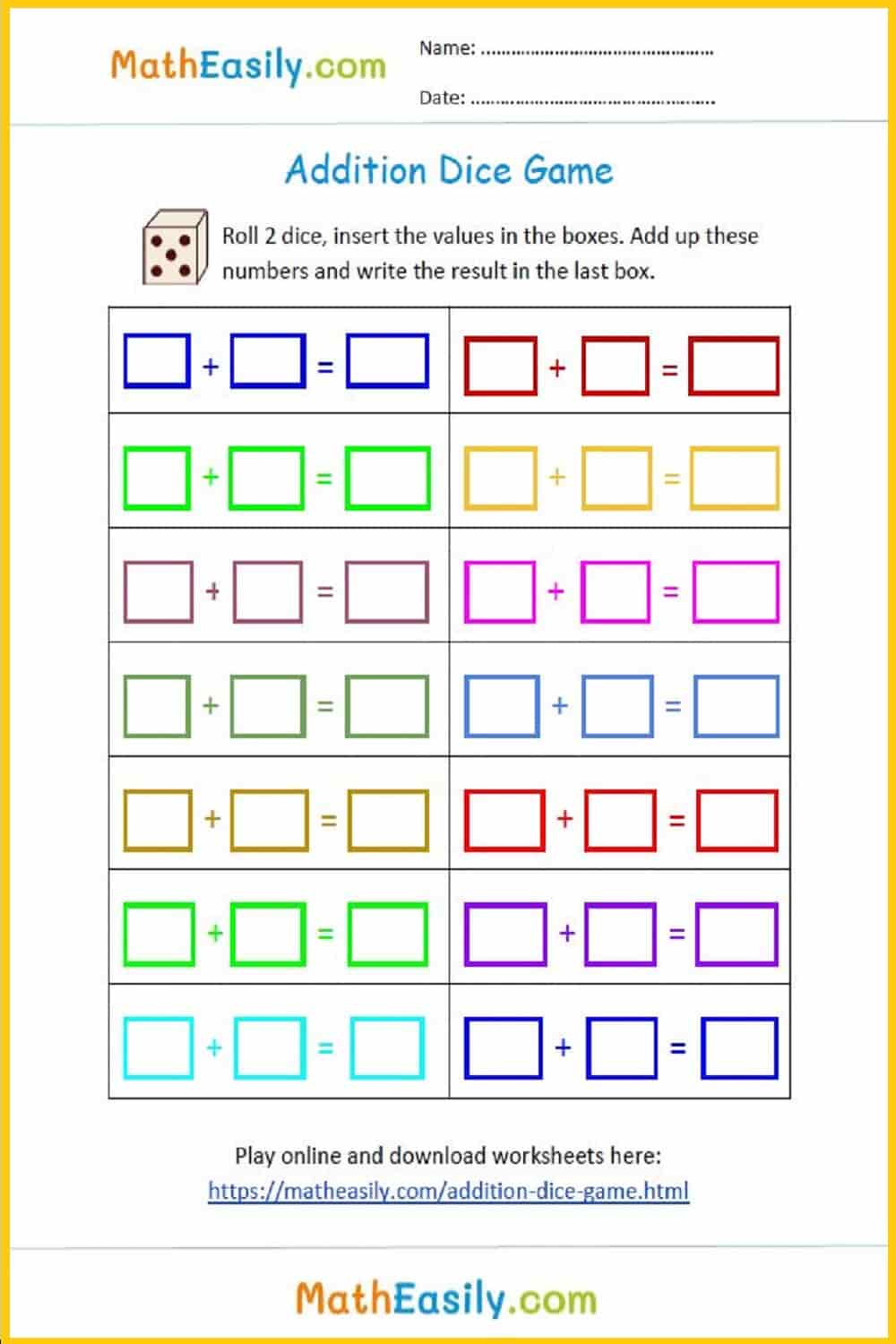 Addition Dice Games PRINTABLE + Online