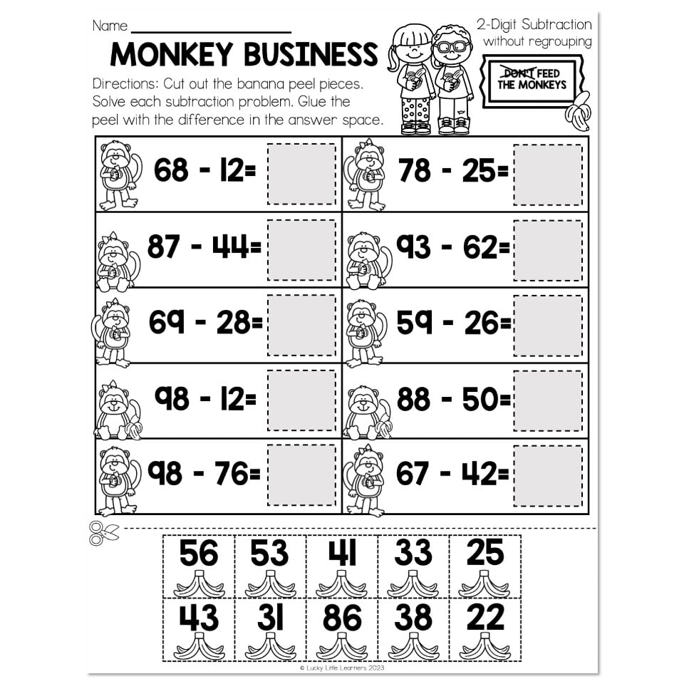 math-worksheets-2-digit-subtraction-without-regrouping-monkey-worksheets-library for Free Printable Addition And Subtraction Worksheets With Regrouping Math Worksheets - 2-Digit Subtraction without Regrouping - Monkey ... - Worksheets Library for Free Printable Addition And Subtraction Worksheets With Regrouping