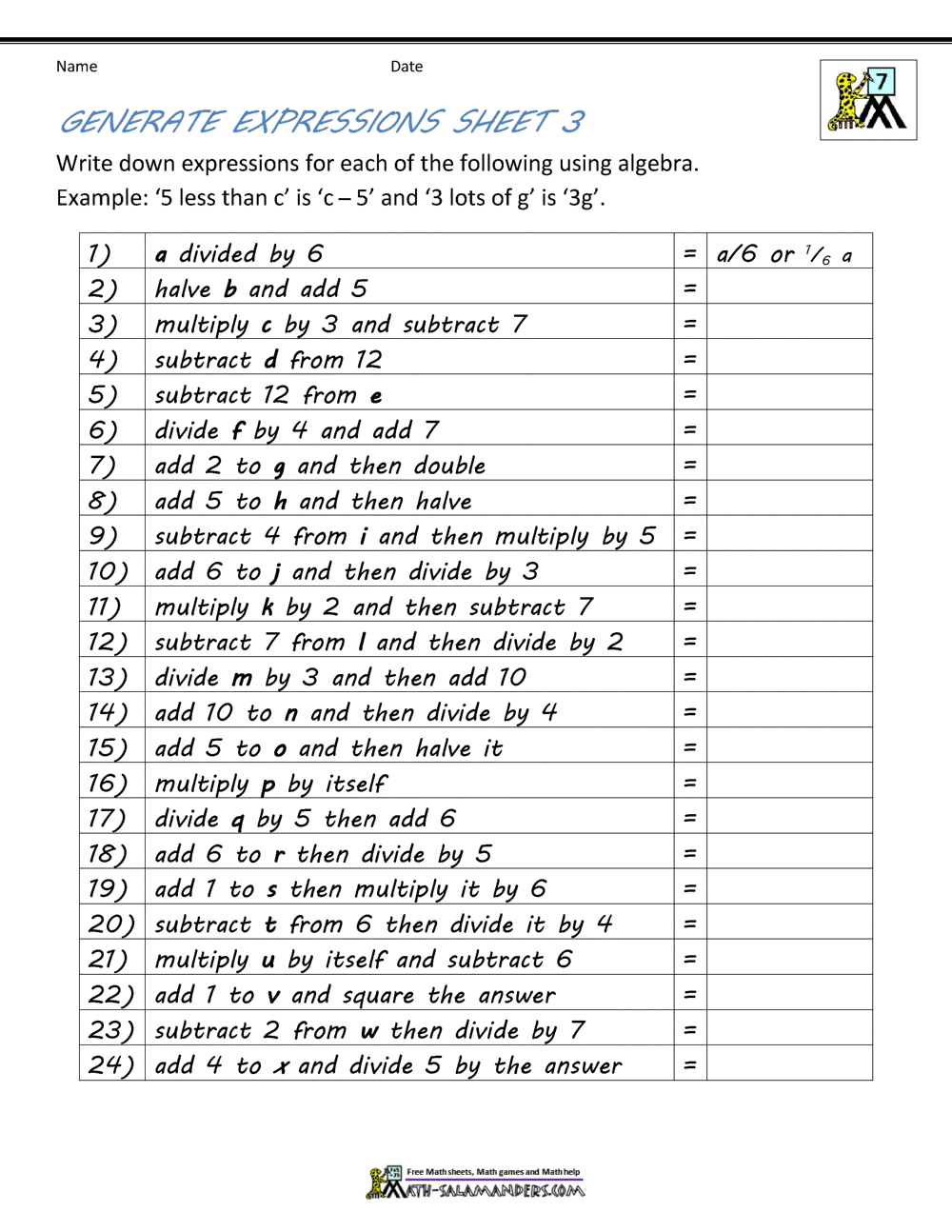 free printable algebra worksheet with answers