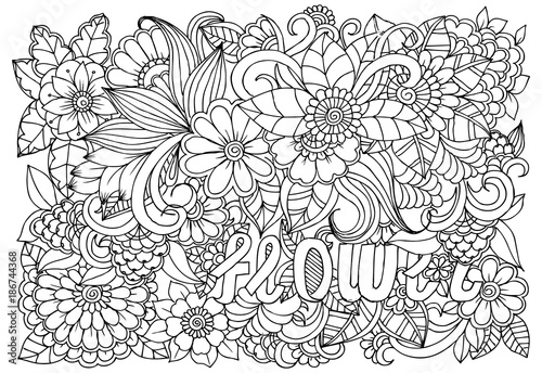 Black and white flower pattern for adult coloring book. Doodle ...