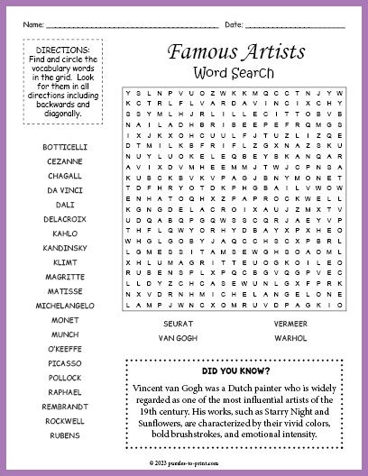 free printable art word searches