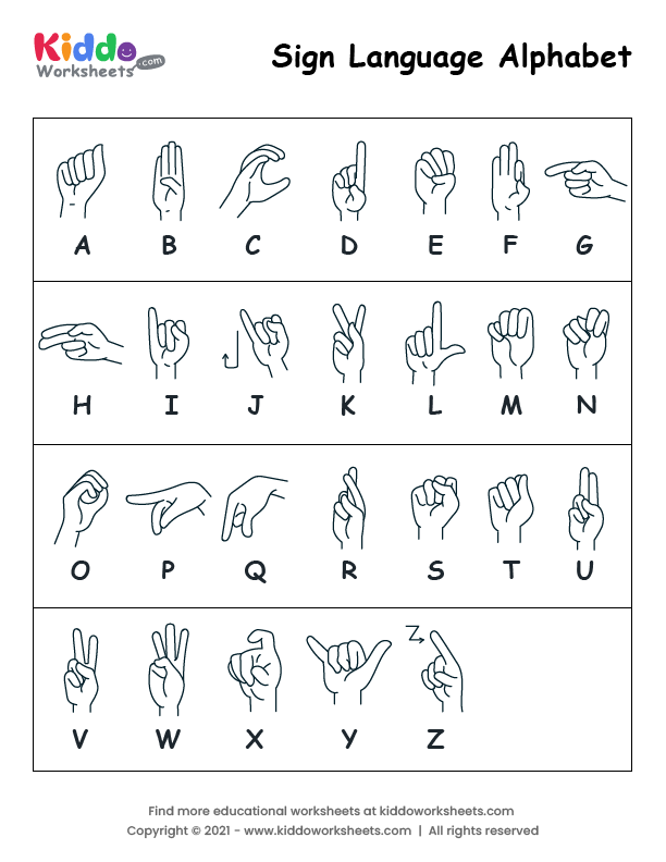 Free Printable sign language alphabet Worksheet - kiddoworksheets