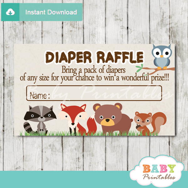 Woodland Baby Shower Diaper Raffle Tickets - D137 - Baby Printables