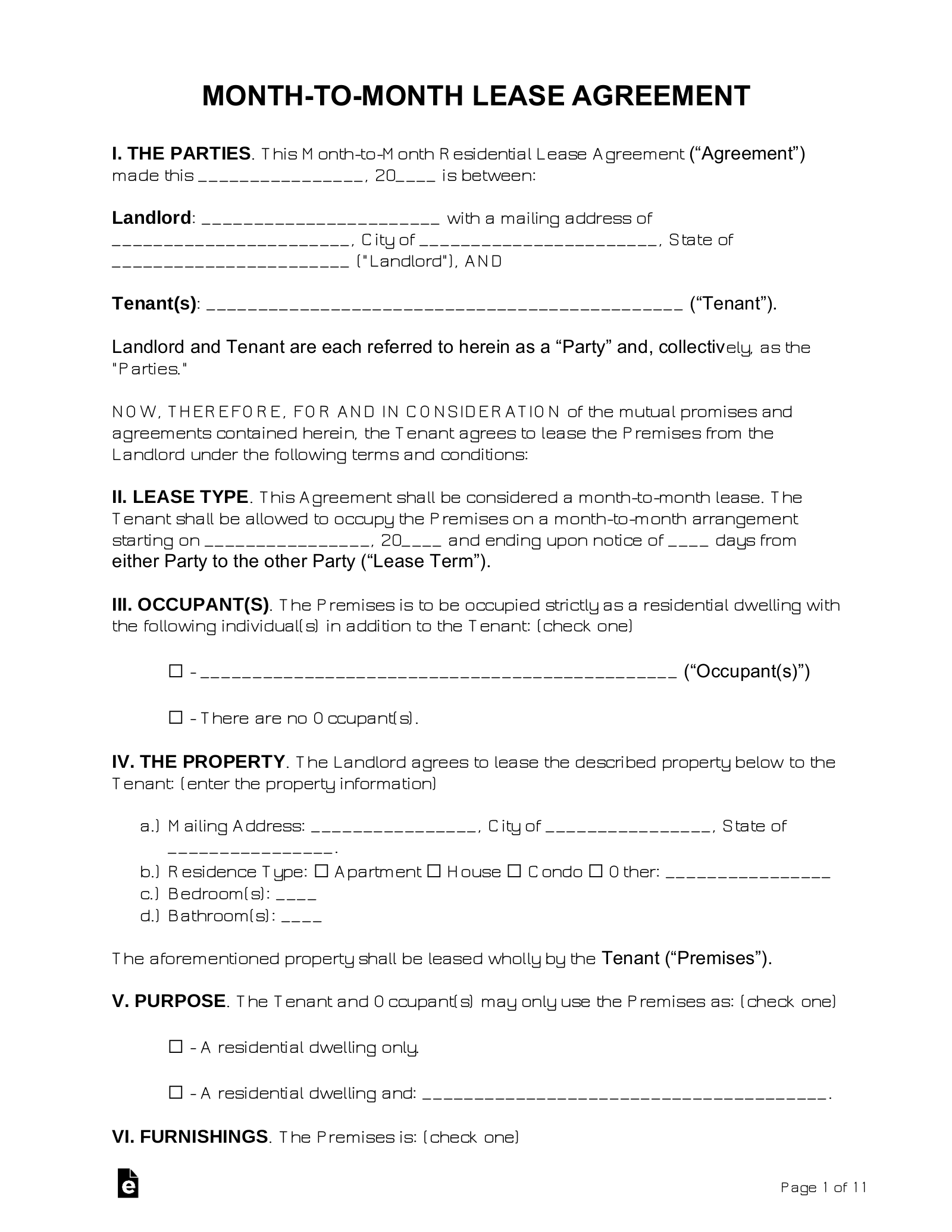 Free Month-to-Month Rental Agreement Template - PDF | Word - eForms