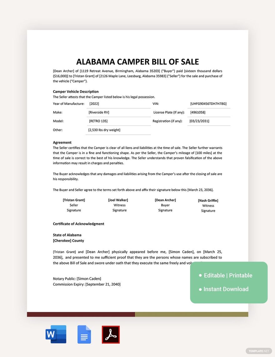 free printable bill of sale alabama