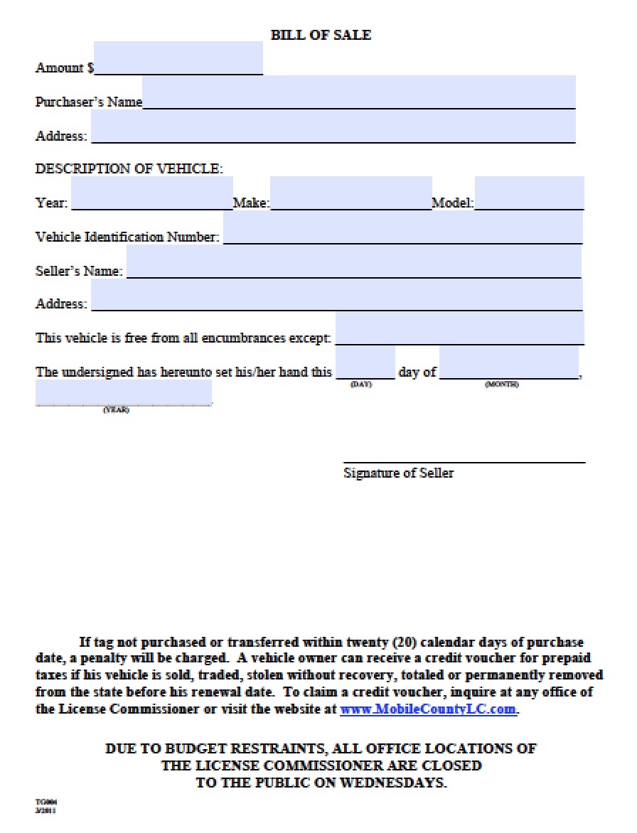 free printable bill of sale alabama