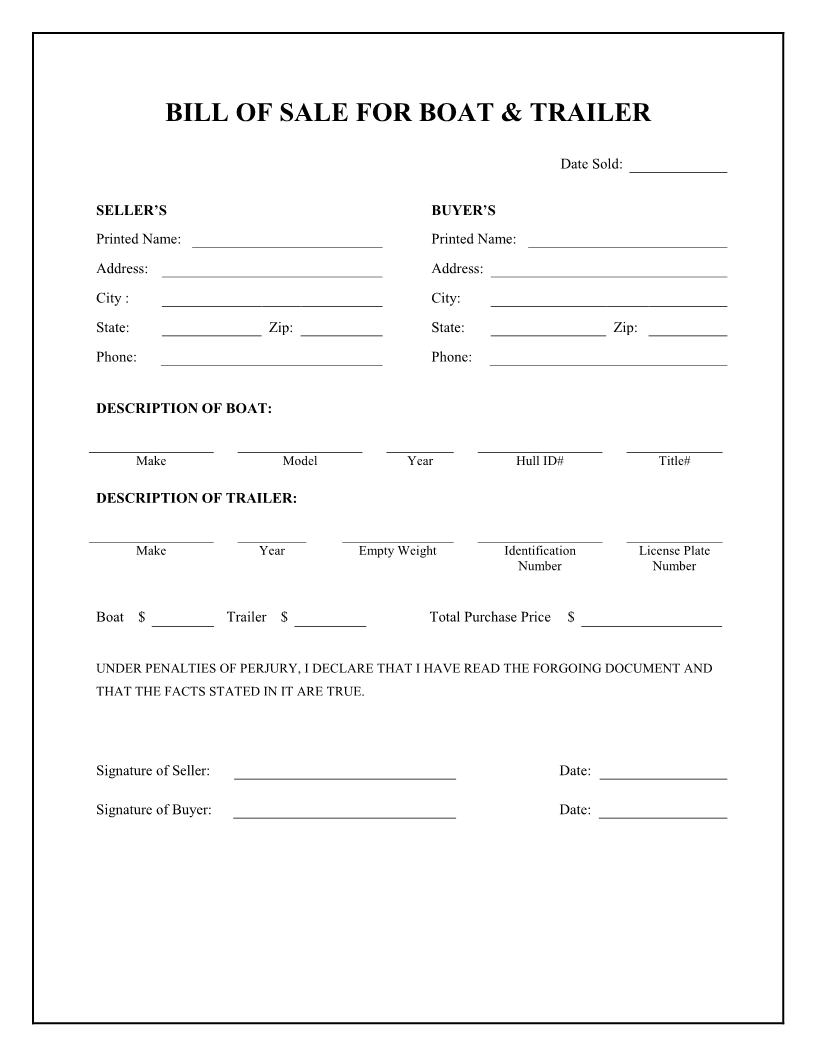 free printable bill of sale for boat and trailer