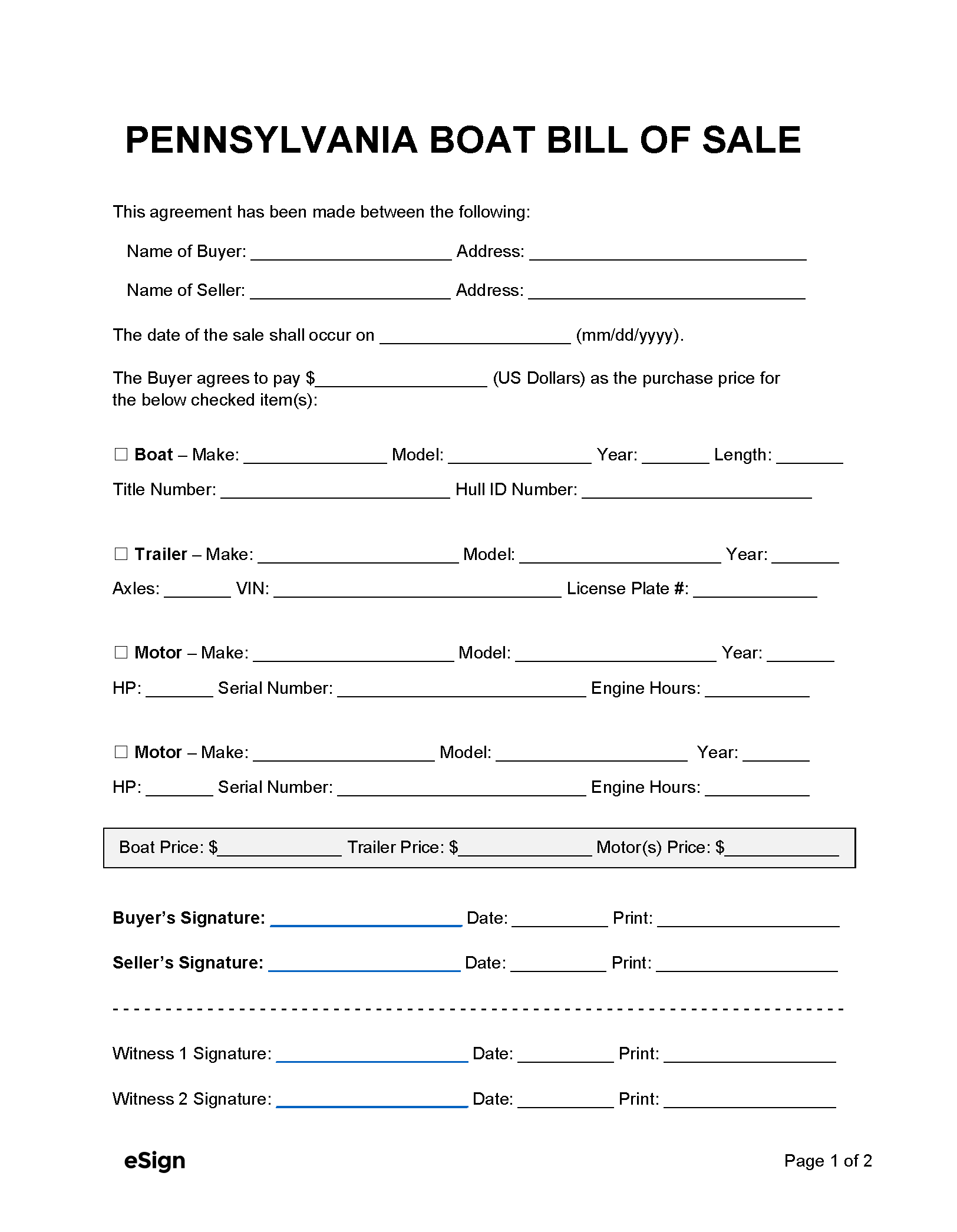 free printable bill of sale for boat and trailer
