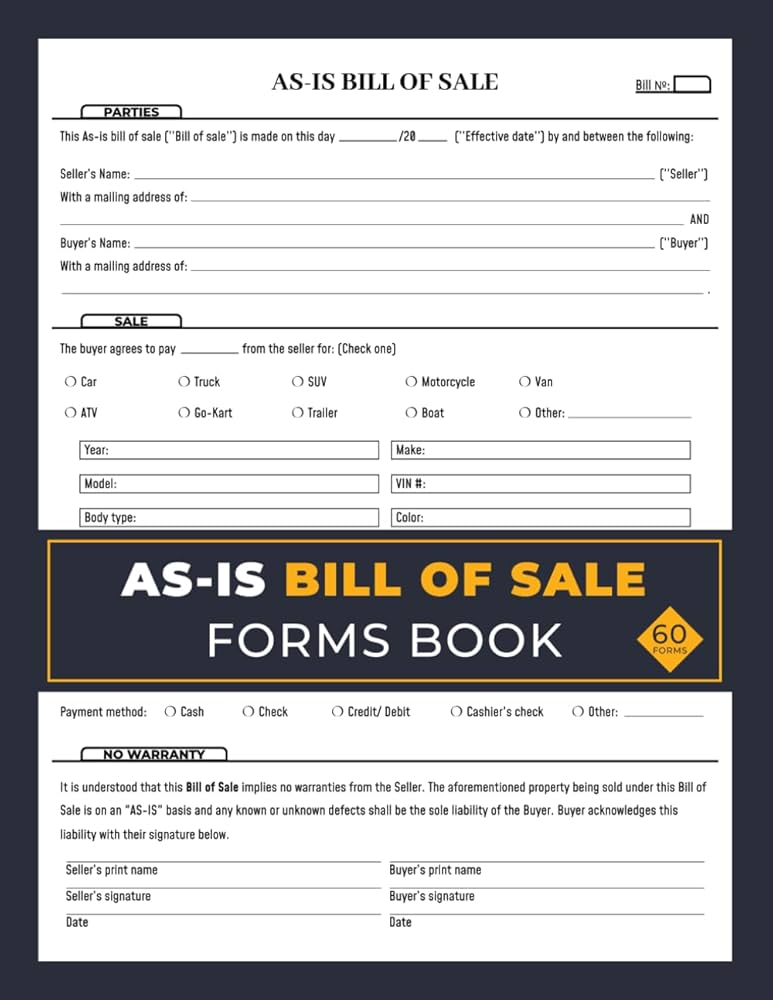 As-Is Bill of Sale Forms Book: 60+ Auto Bill of Sale As-is ( No
