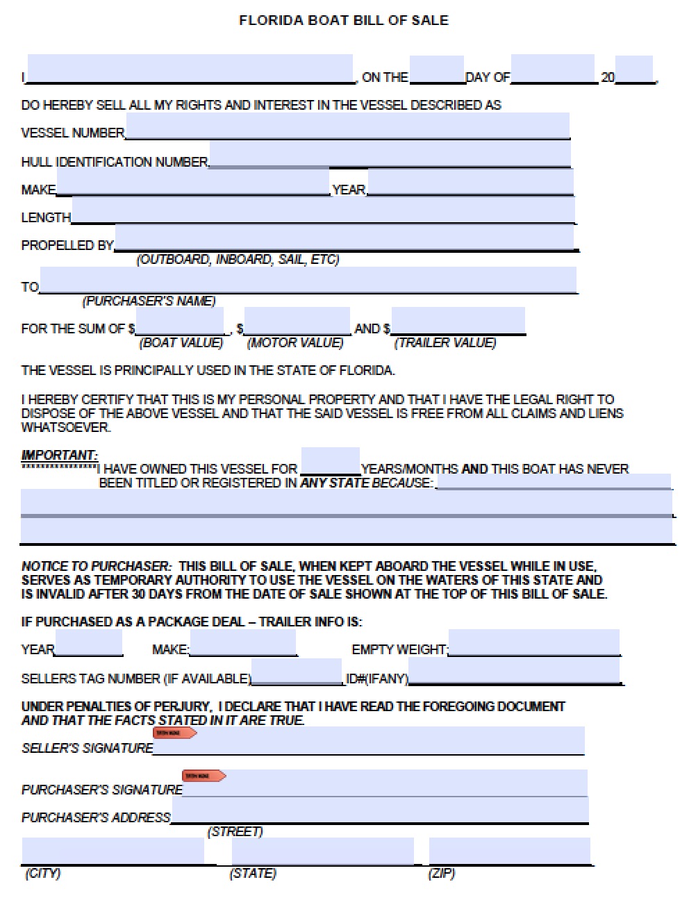 free printable bill of sale for boat and trailer