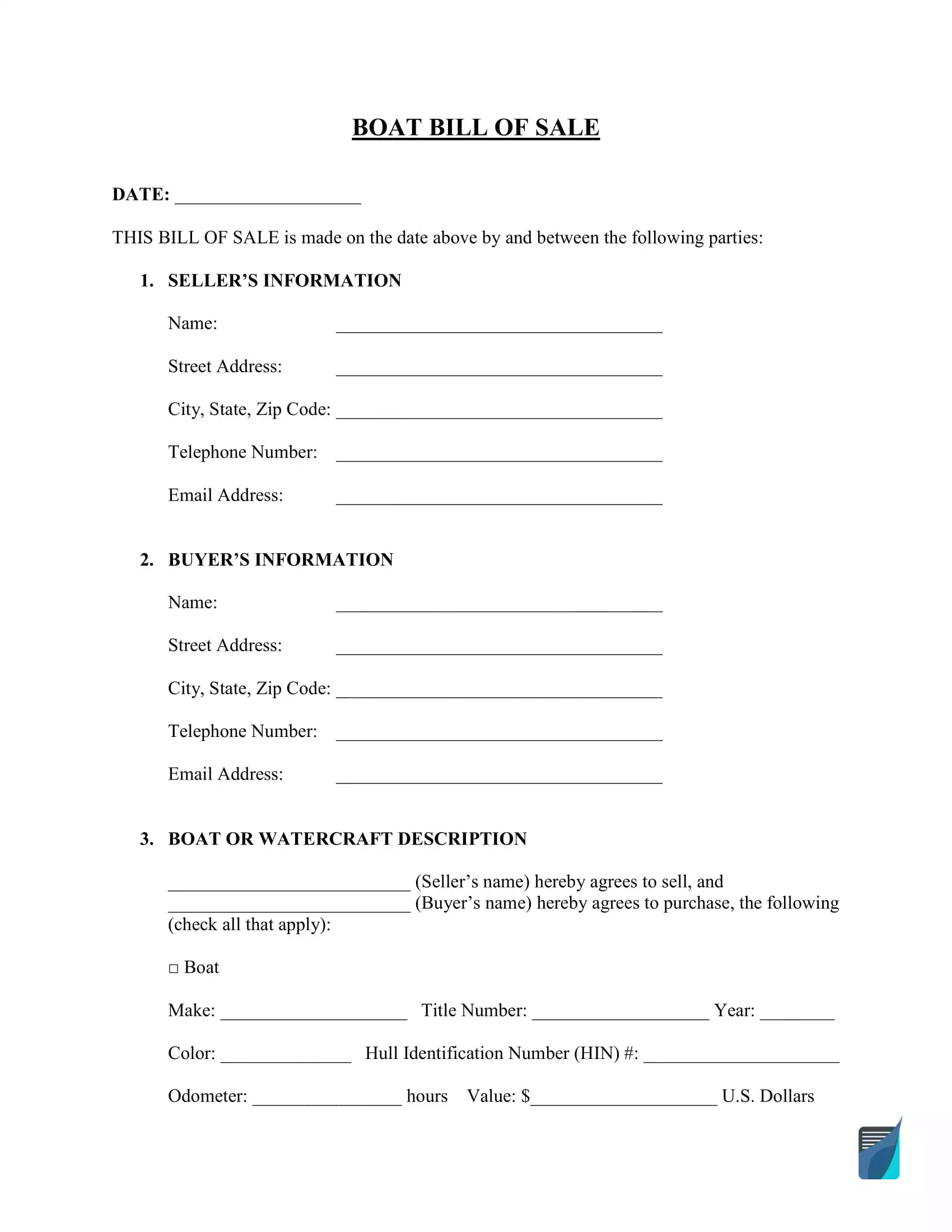 free printable bill of sale for boat and trailer
