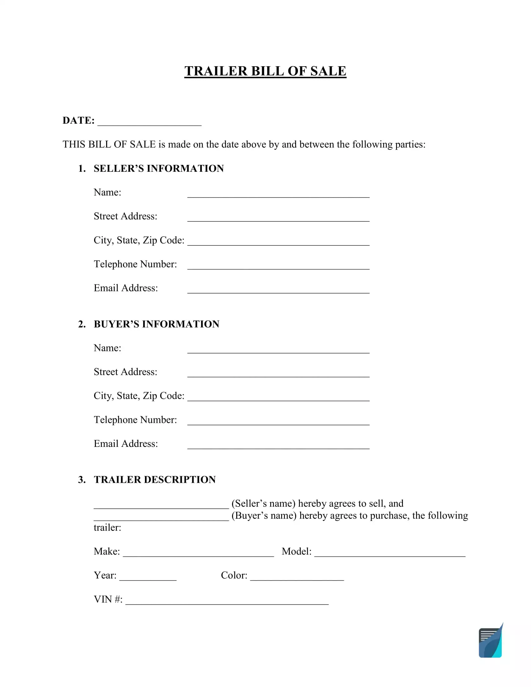 free printable bill of sale for horse trailer
