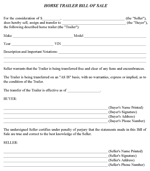 free printable bill of sale for horse trailer