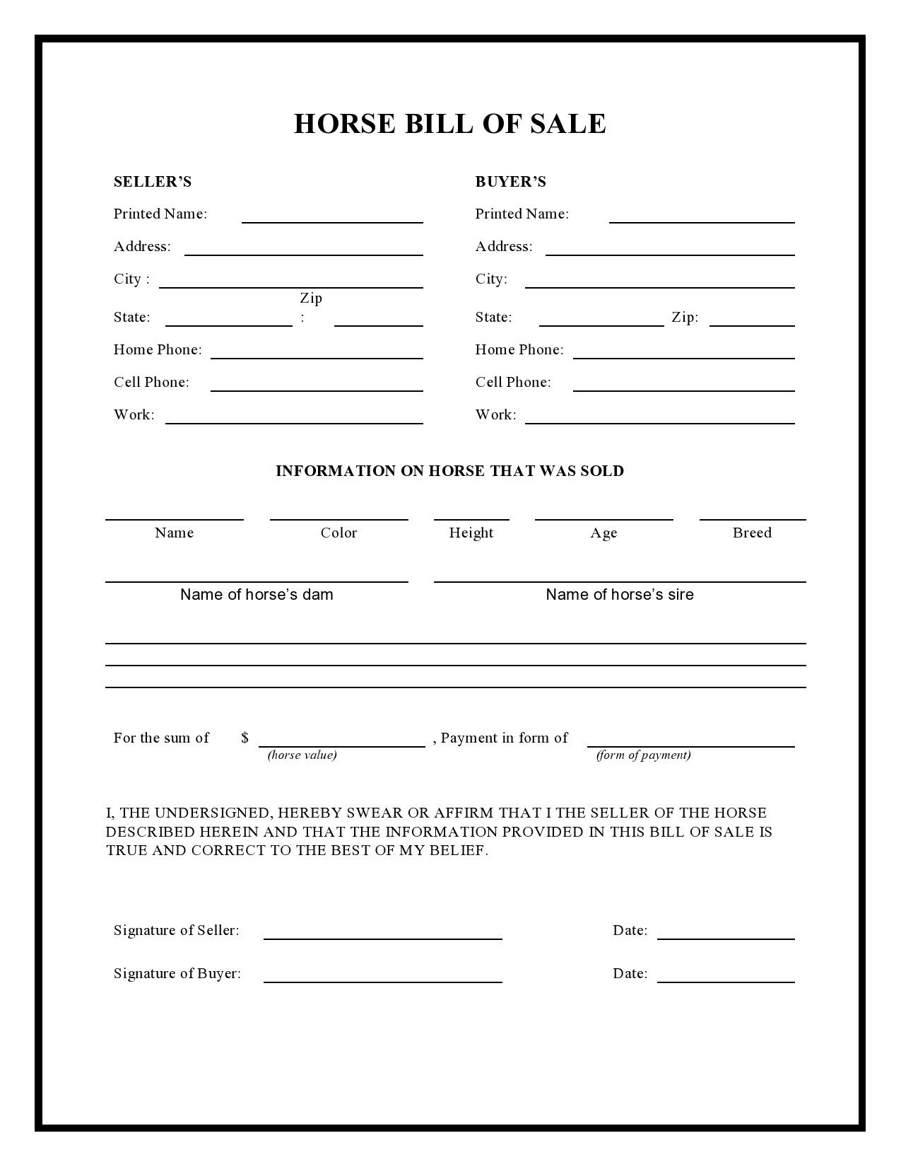 free printable bill of sale for horse trailer