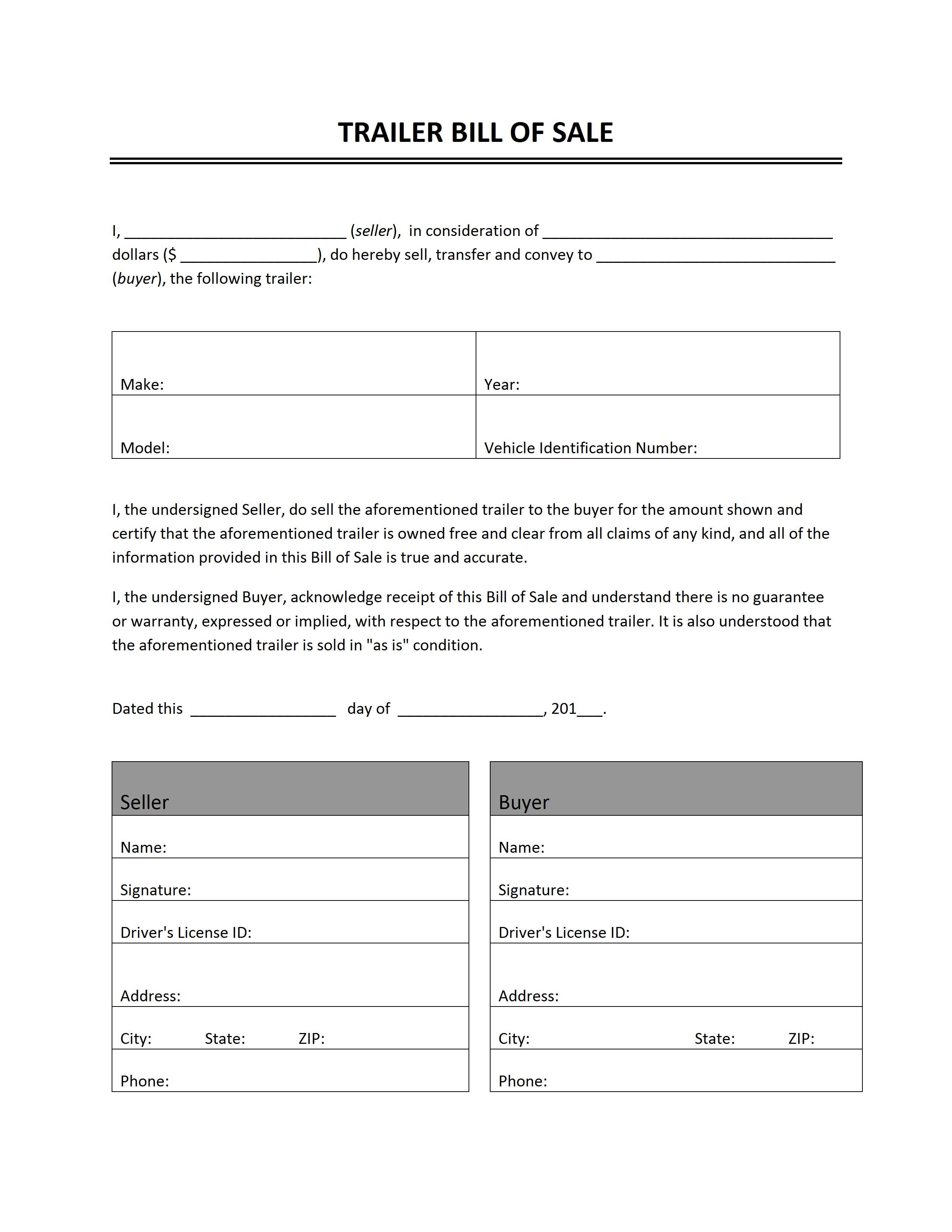 free printable bill of sale for horse trailer