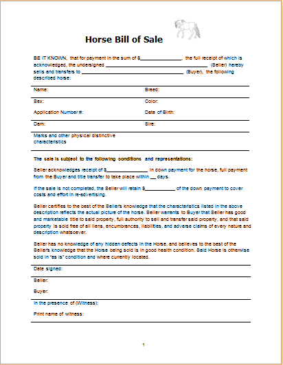 free printable bill of sale for horse trailer