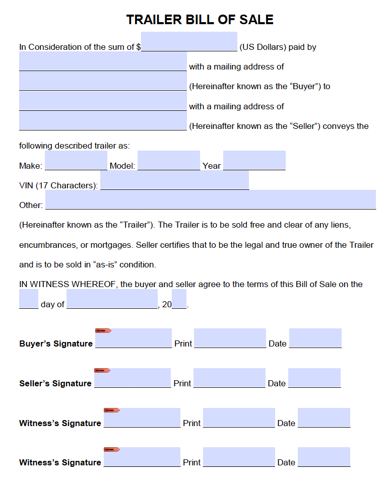 free printable bill of sale for horse trailer