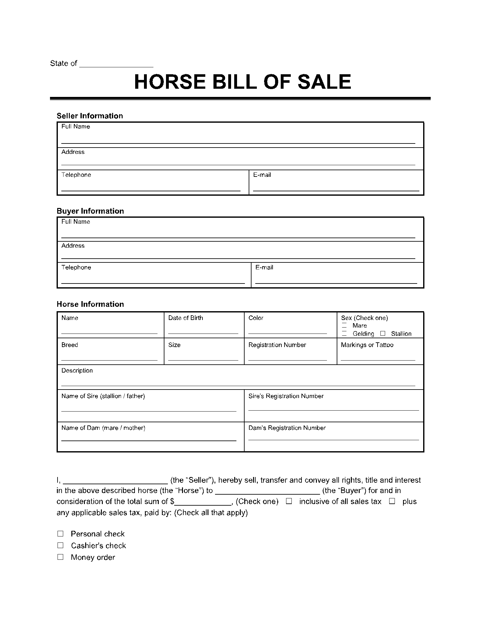 free printable bill of sale for horse trailer