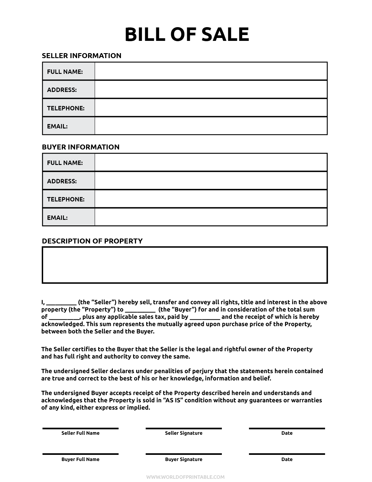 free printable bill of sale for house