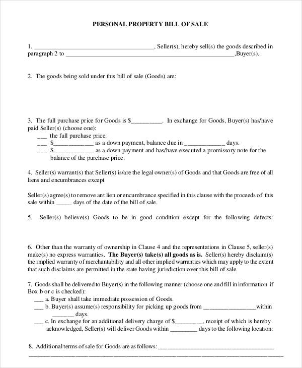 free printable bill of sale for house