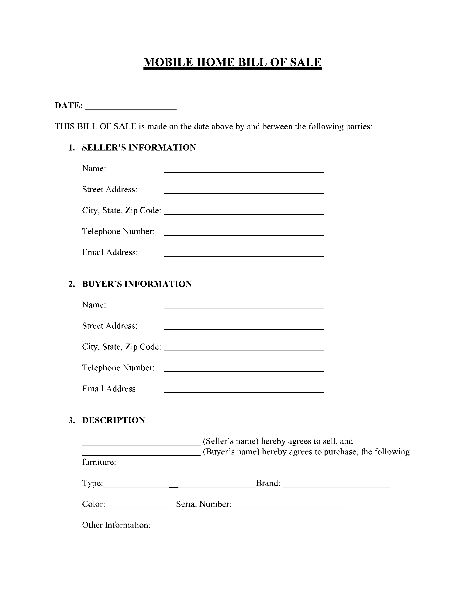 free printable bill of sale for house