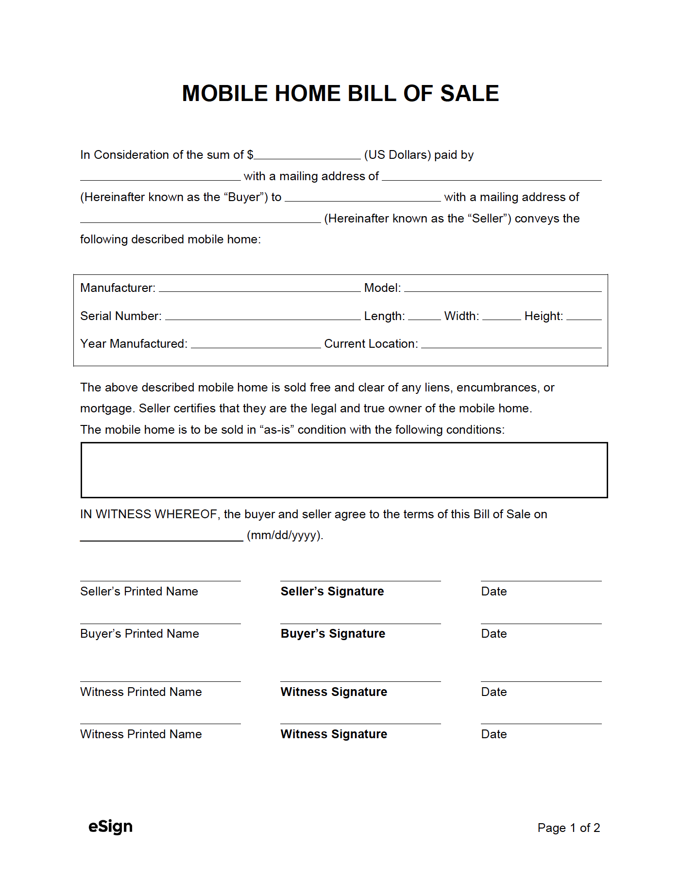 free printable bill of sale for house