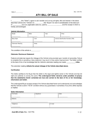 free printable bill of sale for utv