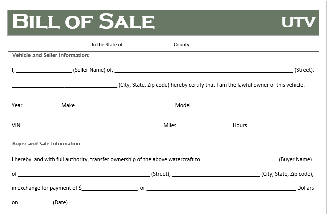 free printable bill of sale for utv