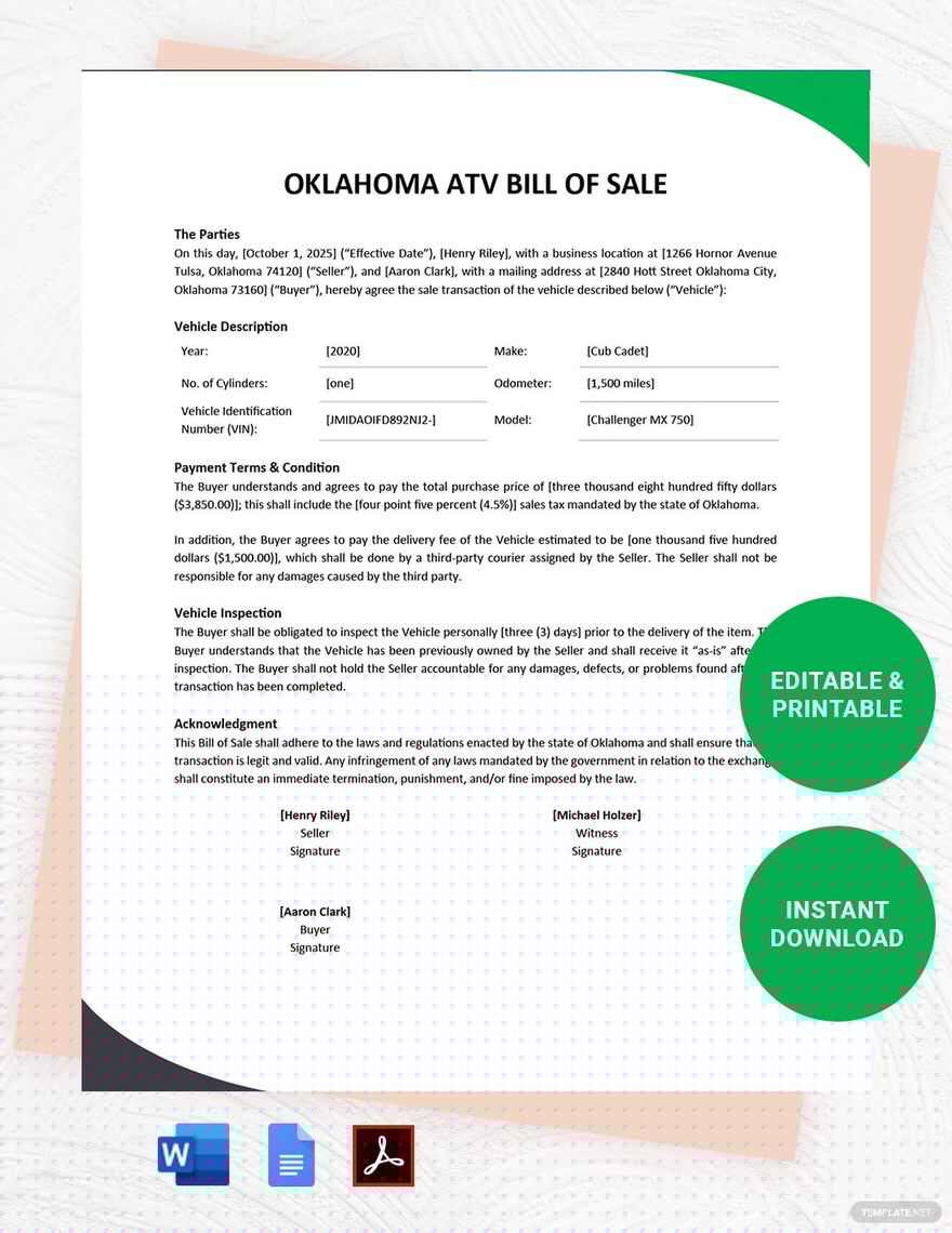 free printable bill of sale for utv