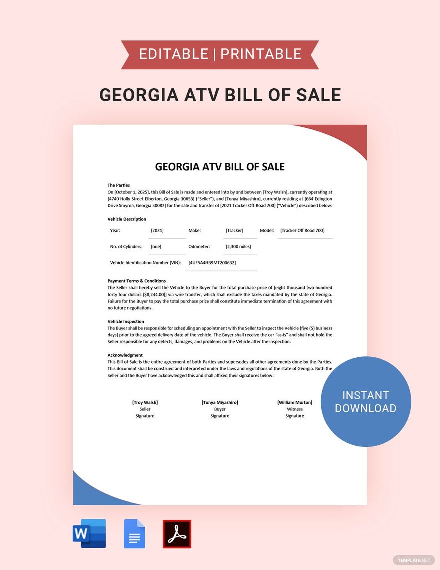 Georgia ATV Bill of Sale Form Template in PDF, Word, Google Docs ...
