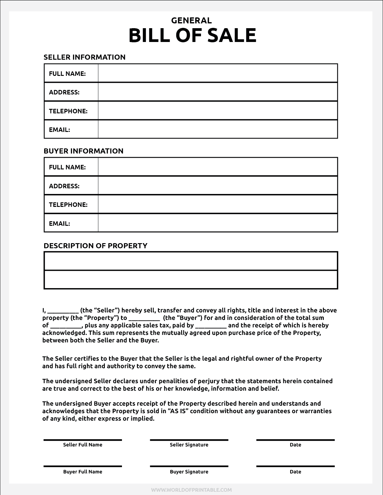 free printable bill of sale receipts