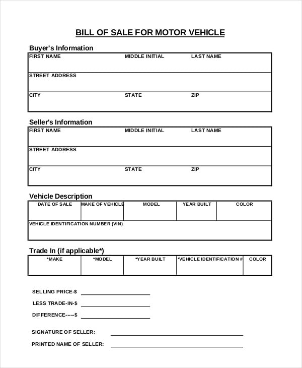 free printable bill of sale templates