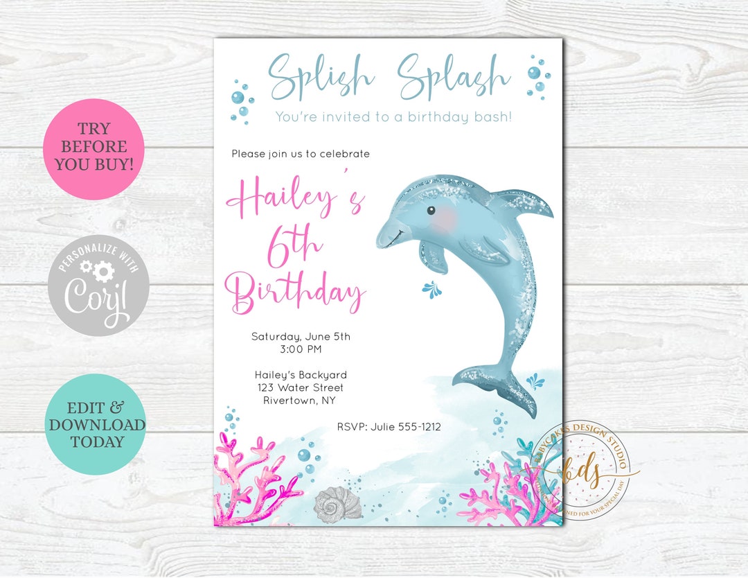 Editable Dolphin Birthday Invitation, Pool Party, Invite, Digital ...