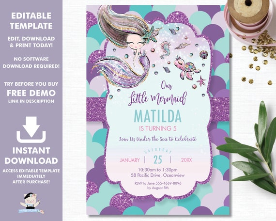 free printable birthday invitations mermaid