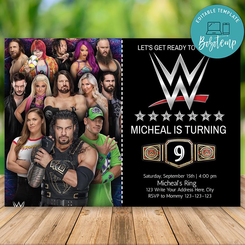 Editable WWE wrestling Birthday Invitation With Photo DIY | Bobotemp
