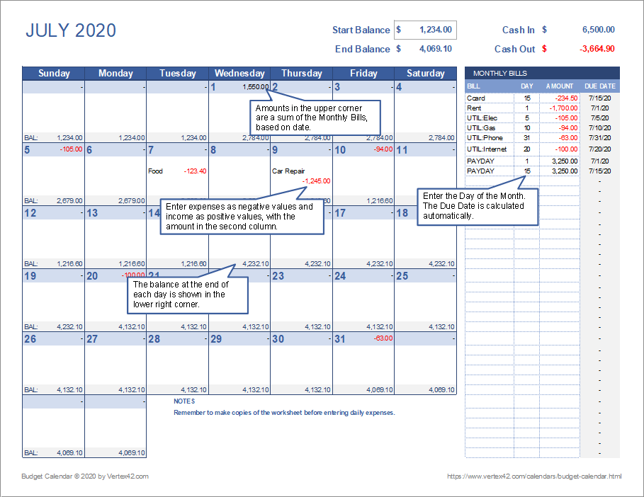 free printable budget calendars