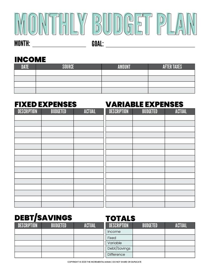Free Monthly Budget Printable Template