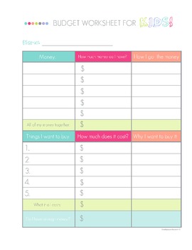 Budget Worksheet for Kids Printable
