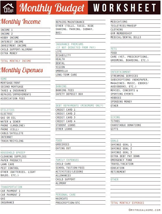 free printable budget worksheet for home