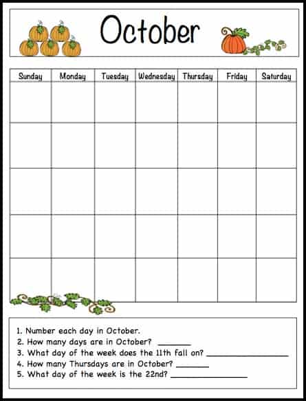 free printable calendar for kindergarten