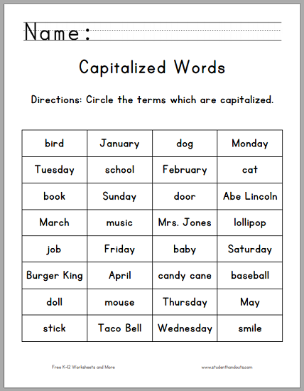 free printable capitalization worksheet