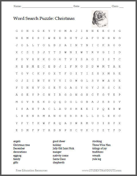 free printable christmas word search worksheet