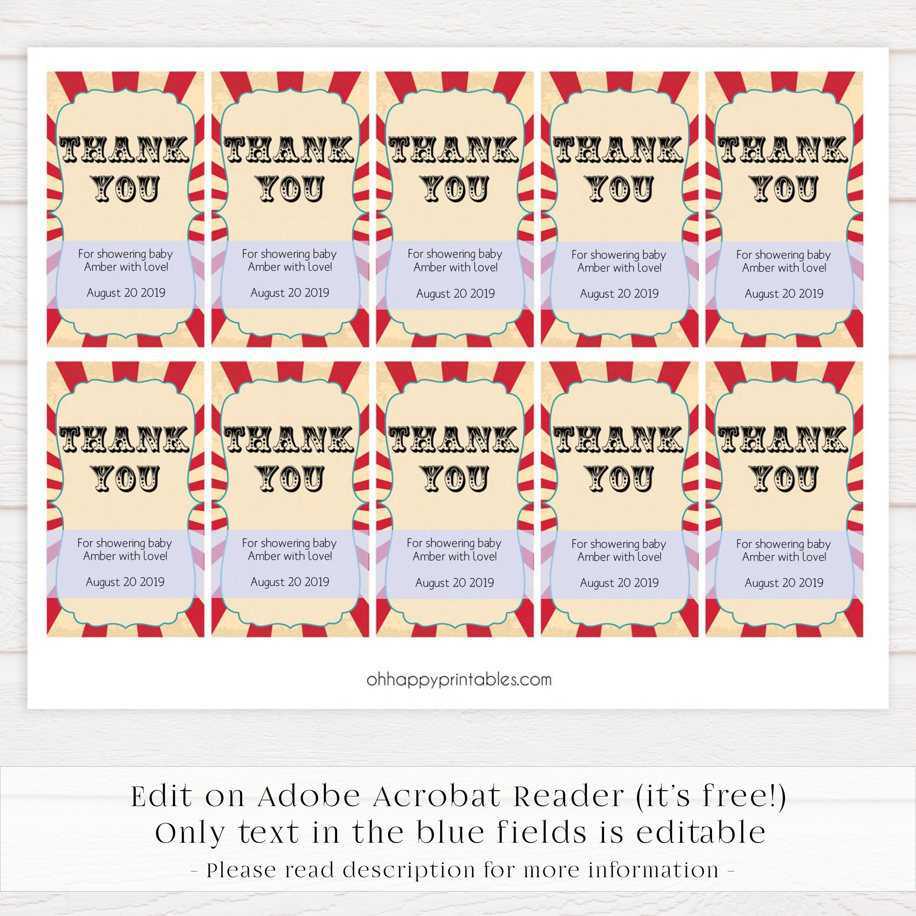 free printable circus thank you tags