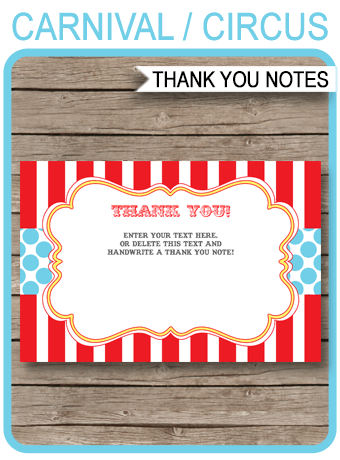 Circus Party Thank You Cards template - red/aqua
