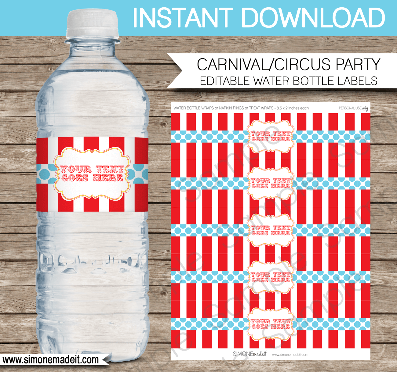 Circus Party Water Bottle Labels template - red/aqua
